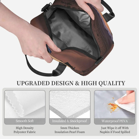 Insulated Lunch Tote For Women And Men With Leakproof Zippers showing inside lining and materials like PEVA and polyester fabric