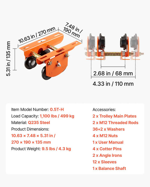 Beefy Electric Hoist Trolley Kit, 1100 Lb Capacity, Fits PA200 PA250 PA300 PA400 PA500 with dimensions and specs displayed