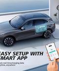 Level 2 EV Charger 40A 9.6kW Fast Wall Home Charging Station With NEMA 14-50 Plug, J1772 Connector, 240V, WiFi App Control, 27.3ft Cable, Safe Easy Install for Home EV Charging, car charging with smartphone app interface.