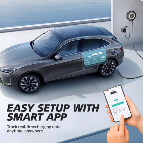 Level 2 EV Charger 40A 9.6kW Fast Wall Home Charging Station With NEMA 14-50 Plug, J1772 Connector, 240V, WiFi App Control, 27.3ft Cable, Safe Easy Install for Home EV Charging, car charging with smartphone app interface.