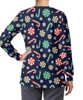 Back view of Womens Christmas Print Long Sleeve Medical Scrub Jacket With Snap Front For Quick On Off And Full Mobility For Nurses