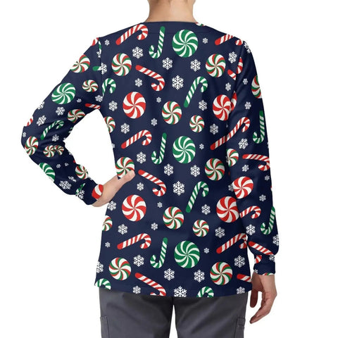 Back view of Womens Christmas Print Long Sleeve Medical Scrub Jacket With Snap Front For Quick On Off And Full Mobility For Nurses
