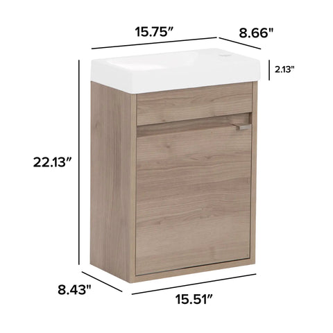 Kambree 15.75 Inch Floating Bathroom Vanity with White Sink Top, Forest Elm Finish, Open Storage, Satin Nickel Pull, 22.13 Inch Height.