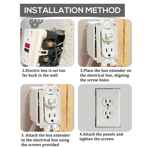 Installation of Five Pack 1 Gang Electrical Outlet Box Extenders With Ten Screws White High Temperature PA Material For Fire Resistant Easy Install Converts Standard Boxes To Add Extra Outlet Space Power Outlet Accessories.