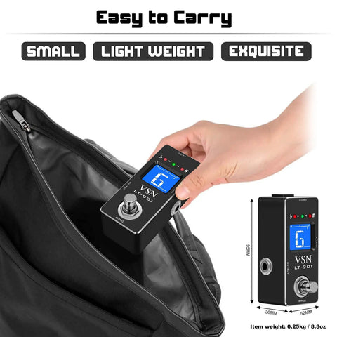 Chromatic Guitar Tuner Pedal With Ultra Fast Highly Accurate Tuning And 1 Cent Precision Pitch Indicator True Bypass For Electric Guitar And Bass being placed in a bag, compact and easy to carry.