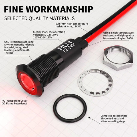 Red LED indicator light with metal housing, labeled 12-24V, surrounded by labeled components, showcasing its fine workmanship.