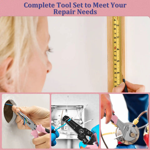 281 Piece Home Tool Kit Portable Hand Tool Set For Home And Auto Repairs Includes Tool Box With Socket Wrench Set Slotted And Phillips Screwdrivers Hex Keys Pliers Tape Measure Spirit Level And Wire Stripper, pink toolbox with tape measure and pliers