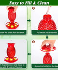 Steps to fill and clean Red Glass Pineapple Hummingbird Feeder With Six Flower Ports 16 Oz Two Pack Leakproof And Easy To Clean