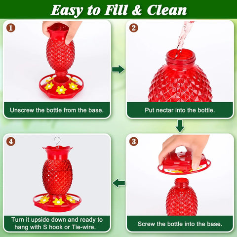 Steps to fill and clean Red Glass Pineapple Hummingbird Feeder With Six Flower Ports 16 Oz Two Pack Leakproof And Easy To Clean