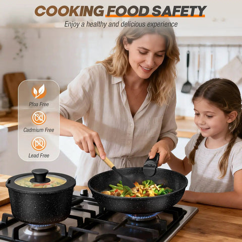 Woman cooking with Detachable Handle Nonstick Pots And Pans Set For Induction Cooking 21 Piece RV Kitchen Cookware