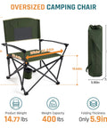Big And Tall 400 Pound Heavy Duty Folding Camp Chair With Solid Metal Armrests And Swivel Cup Holder, Oversized 22 Inch Seat, Portable Green