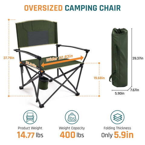 Big And Tall 400 Pound Heavy Duty Folding Camp Chair With Solid Metal Armrests And Swivel Cup Holder, Oversized 22 Inch Seat, Portable Green