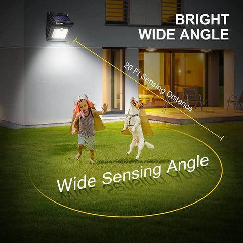 Solar Outdoor Motion Sensor Lights 120 Degree Wide Illumination IP65 Waterproof Wireless Security Lighting for garden with children and dog playing