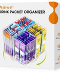 No Sweat Spin Lazy Susan Drink Packet Organizer Square Four Compartment Pantry Turntable for water flavor drinks and tea bags.