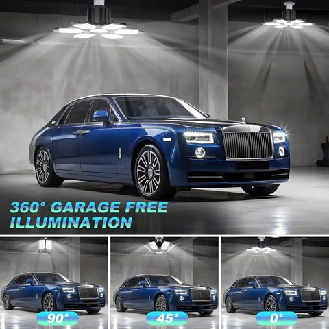 200W Deformable Led Garage Light with 22000LM 6500K Cool White illuminating car in garage from different angles.