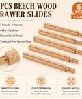 Built Tough Beech Wood Drawer Slides 6 Pack 17 Inch Undermount Glides with natural wood finish and two-section design.