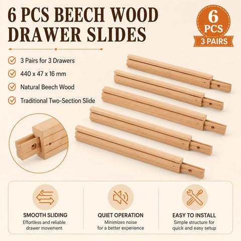 Built Tough Beech Wood Drawer Slides 6 Pack 17 Inch Undermount Glides with natural wood finish and two-section design.