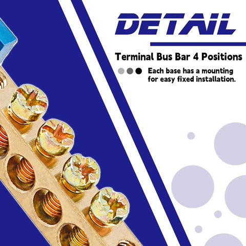 Brass Terminal Bus Bar 4 Position Blue Set Of 5 With Polycarbonate Shell High Strength And Wear Resistant For Distribution Box Use M4 Screw Size Compact 71 By 15 By 21 Mm, 4-position bus bar