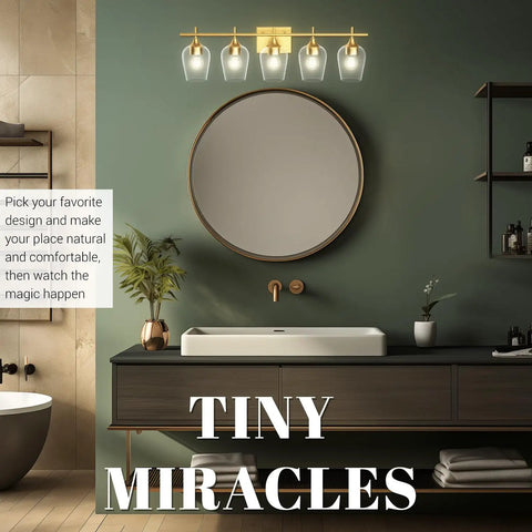 5 Light Gold Vanity Light Fixtures Over Mirror With Bell Glass Shades Industrial Modern Mid Century Wall Lamps For Bathroom And Living Room Premium Gold Finish That Upgrades Your Restroom Decor And Vibe in modern bathroom setting