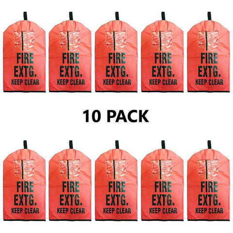 10 Pack Top Shelf Fire Extinguisher Case Covers Fits 10 To 20 Lb Cylinders NFPA OSHA Compliant in bright red for visibility.