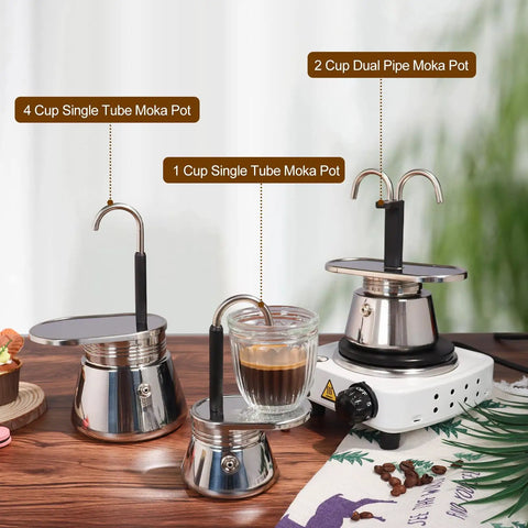 Premium Stainless Steel Moka Pot With Heavy Duty Dual Pipe Flow Tech For Pullin Quick Stovetop Espresso On Gas Or Induction Cooktops displayed on a kitchen counter.