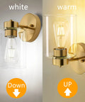 Brushed Gold Wall Sconces Set Of Two With Clear Glass Shades showing white and warm light options, brass vanity lights for bathroom.