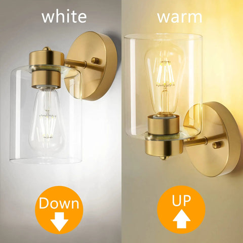 Brushed Gold Wall Sconces Set Of Two With Clear Glass Shades showing white and warm light options, brass vanity lights for bathroom.