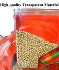 Close-up of transparent seed container filled with soybeans on the Corn And Soybean Seeder Hand Push Roller Planter.
