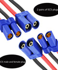 EC5 Male Female Cable Adapter With 10cm 12 AWG Flexible Silicone Wire For RC Quadcopter Helicopter Aircraft Drone Cars Boats 2 Pairs Banana Connector Plug, showing blue male and female connectors with red and black silicone wire