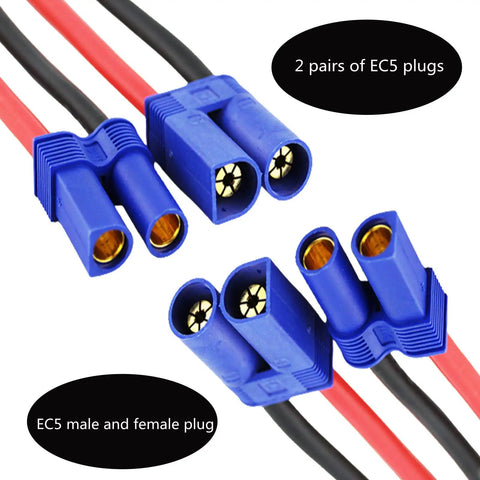 EC5 Male Female Cable Adapter With 10cm 12 AWG Flexible Silicone Wire For RC Quadcopter Helicopter Aircraft Drone Cars Boats 2 Pairs Banana Connector Plug, showing blue male and female connectors with red and black silicone wire