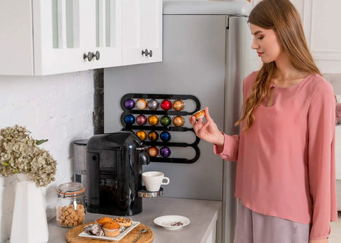Magnetic Coffee Pod Holder for Nespresso Vertuo Capsules Mounts on Fridge Door or Side Sleek Space Saver Organizer in kitchen.