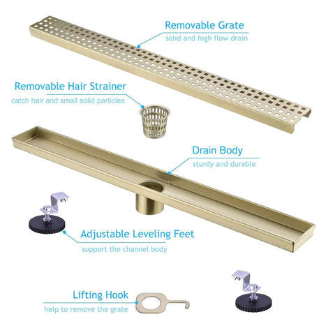 24 Inch Linear Shower Drain With Removable Cover Grid And Hair Catcher Brushed Gold Stainless Steel Trench Floor Drain With Adjustable Leveling Feet Easy To Clean Low Maintenance Perfect For Modern Bathrooms showing components including grate, hair strainer, drain body, leveling feet, and lifting hook