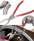 Washer boot seal clamp removal tool with red-handled spring-expansion pliers for inner/outer springs.