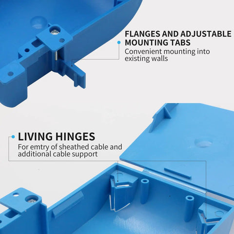 Close-up of Hassle Free Blue Single Gang Old Work Electrical Outlet Box With Adjustable Flange Rock Solid Pvc Junction Housing for existing walls.