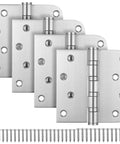 Heavy Duty Ball Bearing Door Hinges Set, 4x4 Inch Square, 304 Stainless Steel Brushed Finish, Non-Removable Pin, Includes 32 Screws