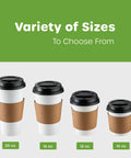 Image showing four disposable coffee cups with lids and sleeves in 20 oz, 16 oz, 12 oz, and 10 oz sizes, featuring variety of sizes