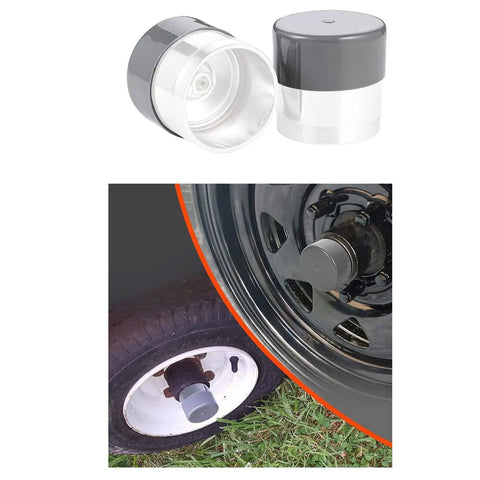 2 Pack Grey Rubber Dust Caps 1.98 Inch For Trailer Wheel Hub Bearing Protectors installed on wheel and close-up view