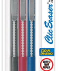 Clic Retractable Eraser With Grip Pack Of 3 Assorted Barrel Colors Latex Free White Eraser Refillable And Extra Long