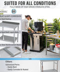 Pro Grade Heavy Duty Stainless Steel Prep Table 24 By 36 Inches With Undershelf And Backsplash NSF Certified Food Safe Commercial Kitchen Work Station For Restaurant Kitchen Or Garage shown in outdoor setting next to grill, with top view of shelf and reinforcement beams.