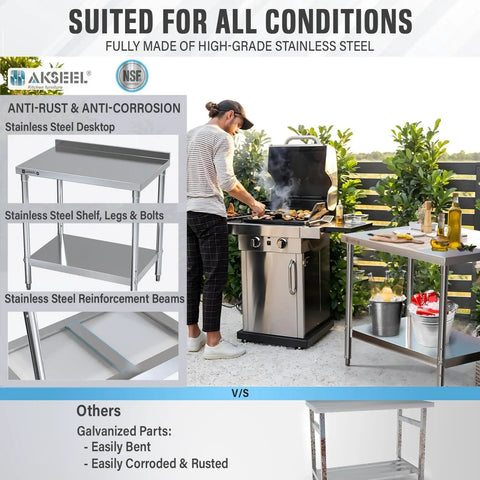 Pro Grade Heavy Duty Stainless Steel Prep Table 24 By 36 Inches With Undershelf And Backsplash NSF Certified Food Safe Commercial Kitchen Work Station For Restaurant Kitchen Or Garage shown in outdoor setting next to grill, with top view of shelf and reinforcement beams.