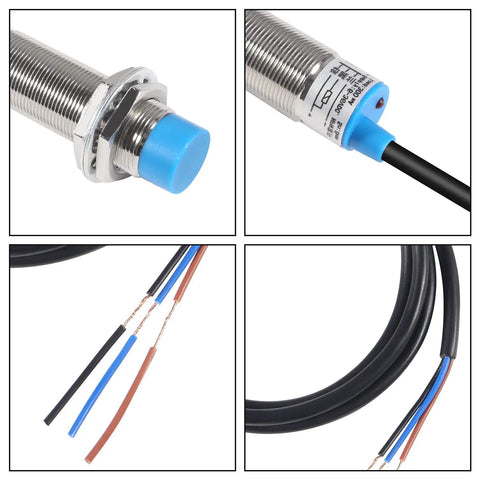 Close-up of Inductive Proximity Sensor 8mm Detecting Distance 3 Pack NPN NO DC 6-36V 3-Wire M18 Switch showing wires and connectors