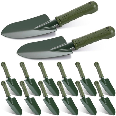 12 Piece Garden Shovel And Trowel Set With Metal Blades And Plastic Handles Grippy Anti Slip Garden Hand Tools arranged.