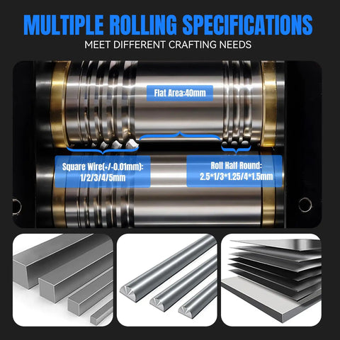 Close-up of Manual Jewelry Rolling Mill Machine With 90mm Flat Rollers And 4 To 1 Gear Ratio showing different roller shapes.