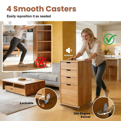 Woman moving cabinet on 1 Inch L Shape Caster Wheels Set Of 4 Heavy Duty Swivel Side Mount Casters With Brakes.