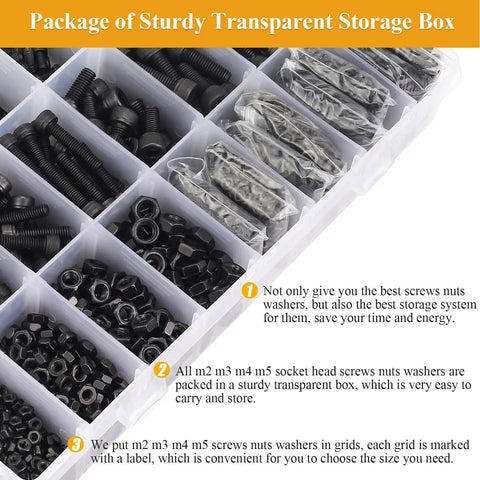 Tough As Nails 2180 Piece Metric Hex Socket Head Cap Screws Nuts Washers Assortment Kit With Precision Allen Wrenches M2 M3 M4 M5 12.9 Grade Alloy Steel Black Set in transparent storage box.