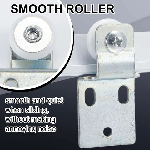 Sixteen Pack Sliding Closet Door Roller Kit with Screws for Top Hung Bypass Wardrobe Doors Includes One Half Inch and Three Eighths Inch Offset Rollers Hardware and Installation Screws for Quick Easy Fitting close-up view