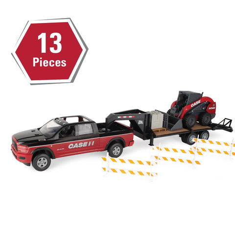 RAM 2025 Dealership Truck With Case IH Skid Steer And Gooseneck Trailer 1 16 Scale Lights And Sounds Real Steering Front Wheels