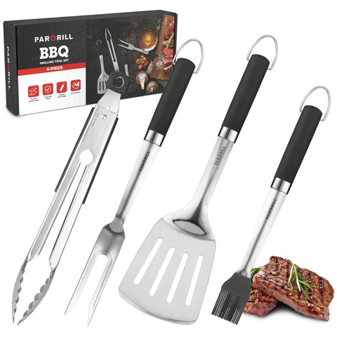 Heavy Duty BBQ Tool Set With Premium Stainless Steel Spatula Fork Brush And Tongs For Grilling Lovers Outdoors A Top Notch Gift Idea For Men And Women Who Live For The Grill displayed with box
