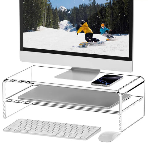 Clear Acrylic Monitor Stand Riser 2 Tier Up To 5.12 Inches High For Laptop And PC Desk Organizer Space Saving Multimedia Shelf