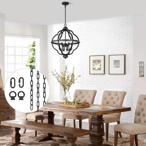 Dining room with chandelier, shows Industrial Black 20 Foot Adjustable Light Fixture Chain With Connection Locks For Hanging Ceilings.